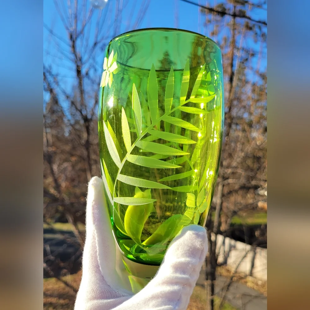 Crate & Barrel Lime Green Etched Vases Glasses Tumblers Hand Blown